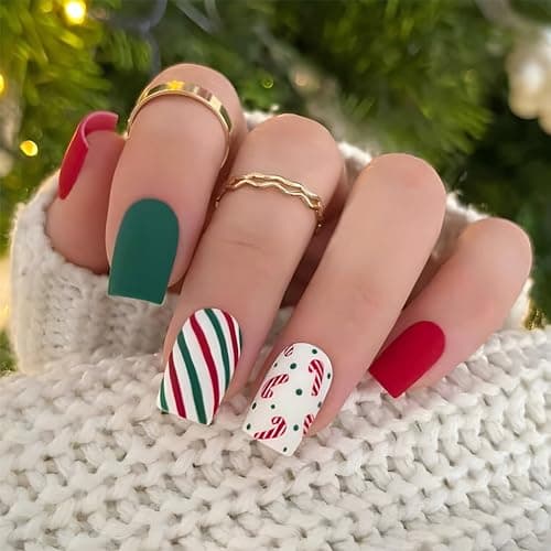 Christmas Press on Nails Medium Square Fake Nails Red White Green Stripe Acrylic Nails Winter Xmas Glue on Nails Reusable Stick on Nails for Women