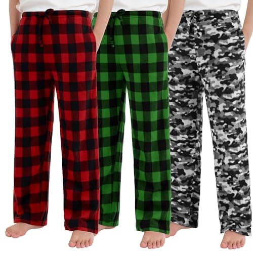 Motarto 3 Pack Boys Long Bottoms Soft Microfleece Pants with Pockets Printed Plaid Pants for Kids Size 6-16 Years