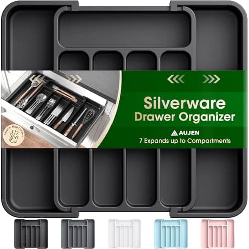 AUJEN Silverware Organizer - Expandable Kitchen Drawer Organizer, Adjustable Utensil Organizer, Cutlery Drawer Organizer for Forks, Knives, Multipurpose Kitchen Organizers and Storage Solution, Black