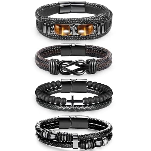 MUCAL Leather Bracelets for Men Women 4pcs Black Stainless Steel Infinity Mens Bracelet Braided Cuff Bracelets