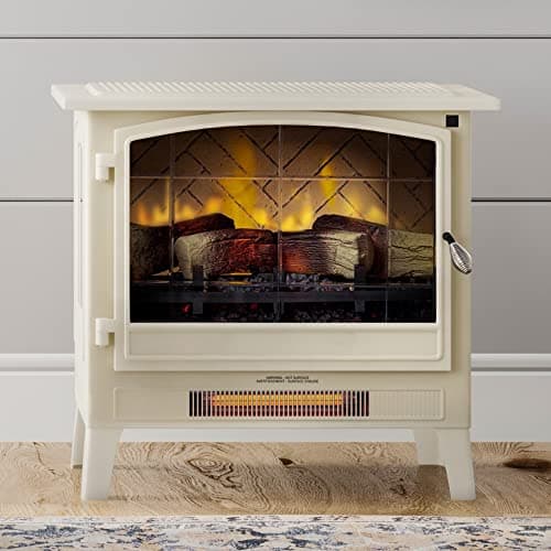 Country Living Infrared Freestanding Electric Fireplace Stove Heater in Cream | Multiple Flame Colors, Metal Design with Faux Wooden Logs | Alexa/WiFi Enabled - Remote Included