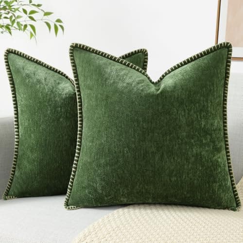 decorUhome Chenille Soft Spring Throw Pillow Covers 18x18 Set of 2, Farmhouse Velvet Decorative Pillow Covers with Stitched Edge for Couch Sofa Bed, Forest Elf