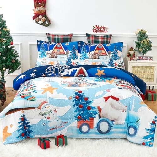 YIYEA Christmas Full Size Comforter Sets for Girls Boys, Cute Kids Comforter with 2 Pillowcase, Ultra Soft Brushed Microfiber Christmas Bedding Comforter Sets, Suit for All Season, Machine Washable