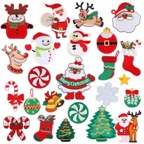 ANUTRION 24Pcs Christmas Iron on Patches Kit Embroidered Sew Applique Repair Patch, Assorted Styles Xmas Christma Patches for Craft, Clothing, Decoration and DIY Christmas Gifts