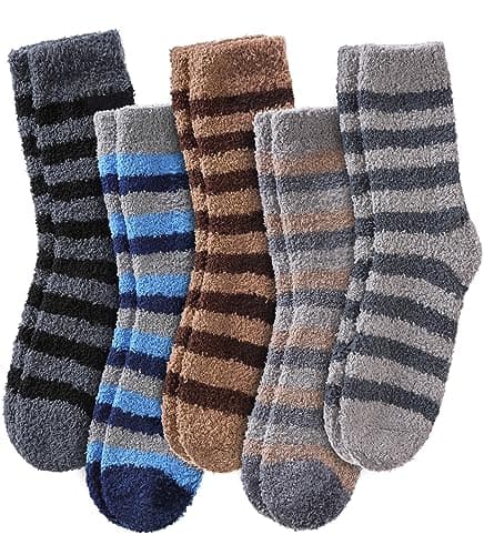 LINEMIN Mens Fuzzy Socks Cozy Fluffy Winter Warm Slipper Socks Microfiber Soft Home Sleeping Socks 5/6 Pairs (Blue/Brown/Black/Grey Stripe)