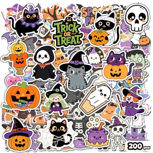 200Pcs Halloween Stickers Halloween Party Favors Vinyl Water Bottle Stickers Waterproof Non Repeating Spooky Pumpkin Scrapbook Sticker for Kids Classroom