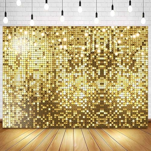 Ayayiya Gold Flash Backdrop Happy Birthday Golden Square Shimmer Wall Photography Background Girls Women 16th 18th 20th 21st 30th 40th 50th Birthday Party Decorations Photo Booth Banner 7x5ft