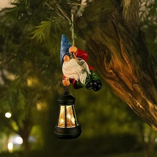 WONDHOME Solar Hanging Gnome Garden Statue Climbing Rope Gnome with LED Lantern Outdoor Decor Tree Hugger Yard Porch Wall Decoration Christmas Birthday Gift for Mom Women