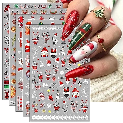 JMEOWIO 10 Sheets Christmas Nail Art Stickers Decals Self-Adhesive Pegatinas Uñas Snowflake Xmas Winter Holiday Cute Nail Supplies Nail Art Design Decoration Accessories