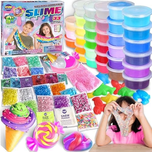 33 Cups Jumbo Slime Kit for Kids, FunKidz Premade Ultimate Slime Pack to DIY Soft, Cloud, Clear, Butter, Glitter, Glow in Dark Slime Making Kit Party Favors Gift Toys for Girls and Boys