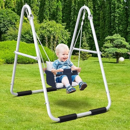 Hapfan Toddler Swing with Stand, Heavy Duty Baby Indoor Outdoor Swing Set with Safety Harness, Foldable Metal Frame, 55lbs Capacity
