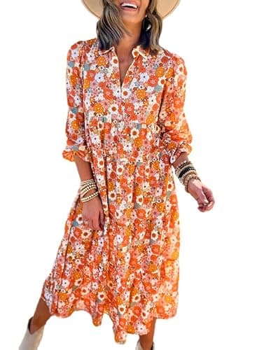 Dokotoo Womens Dresses 2024 Fashion Summer Clothes Elegant V Neck Long Sleeve Boho Dress Floral Casual Club Ruffle A Line Flowy plus size dresses for curvy women Medium Multicolour