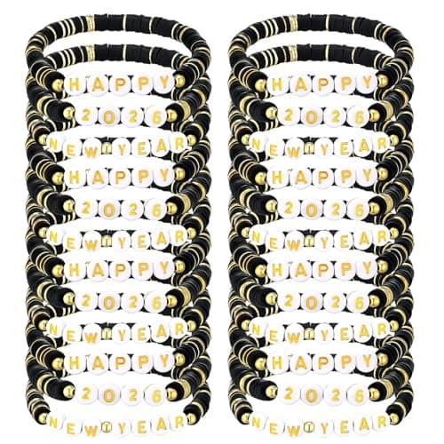Huquary 24 Pcs 2026 Happy New Year Clay Bracelets Gifts Stackable Clay Beaded Stretch Bracelets Set 2026 Good Luck Blessing Jewelry for New Years Eve Holiday Party Accessory Friendship Gift