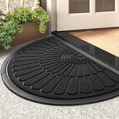 Door Mat Outdoor Indoor Entrance Doormat-Semicircular Durable Rubber Non Slip Front Door Mat for Outside Inside Entry Entryway Dirt Trapper Welcome Mat for Muddy Paws and Shoes-Black 17”x30”