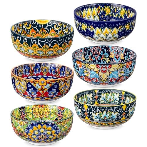 vancasso Cereal Bowls Set of 6, Bohemian Ceramic Soup Bowls, 28 oz Colorful Bowls Set for Kitchen, Dishwasher & Microwave Safe for Salad, Pasta, Rice, Oatmeal, Fruit