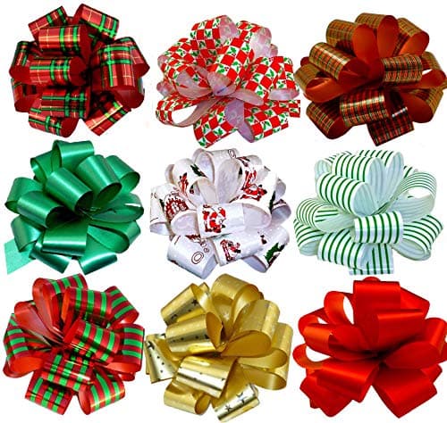 Christmas Gift Pull Bows - 5" Wide, Set of 9, Red, Green, Gold, Stripes, Swirls, Gift Bows, Christmas Presents, Birthday, Boxing Day, Hanukkah, Wreath, Swag, Christmas Tree, Fundraiser