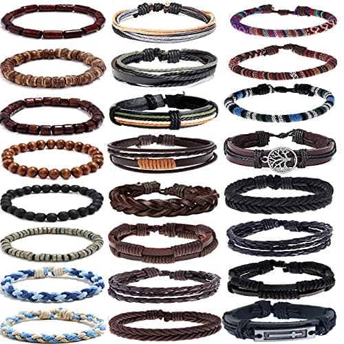 SONNYX 24 PCS Braided Leather Bracelet for Men Women Cool Woven Wrist Cuff Bracelets Hemp Cords Wooden Beads Ethnic Tribal Handmade Wrap Adjustable Wristband Bracelets