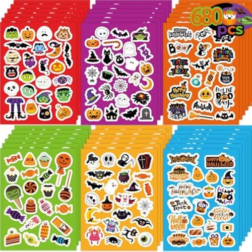 Joy Bang 680 PCS Halloween Stickers for Kids, 30 Sheets Halloween Party Favors Stickers Crafts Toys Bulk Pumpkin Monster Candy Stickers Bulk for Treat Bags Halloween Goodie Bag Stuffers for Kids