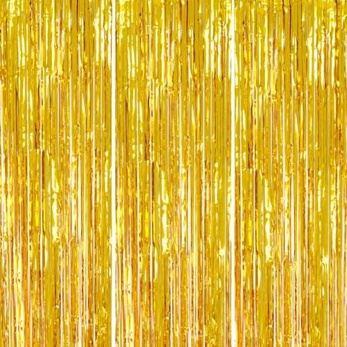 DECOCKRAT 3 Pack Foil Fringe Backdrop - Gold Shiny Tinsel Curtains for Party Decoration/Photo Booth Props - 3.3x8.2 FT Metallic Foil Backdrop for Birthday, Wedding, Graduation, Christmas.