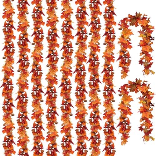 CQURE 10 Pack Fall Leaf Garland, Hanging Vines Garland Artificial Fall Maple LeavesThanksgiving Decor for Home Wedding Fireplace Party