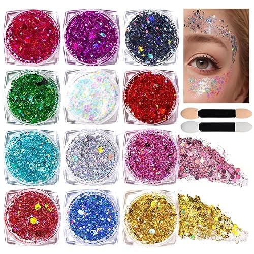 Teenitor Body Glitter Face Glitter Makeup Festival Glitter Gel, 12 Colors Face and Body Glitter Gel, Hair Glitter Gel, Glitter Gel Makeup, Glitter for Face and Hair, Halloween Makeup