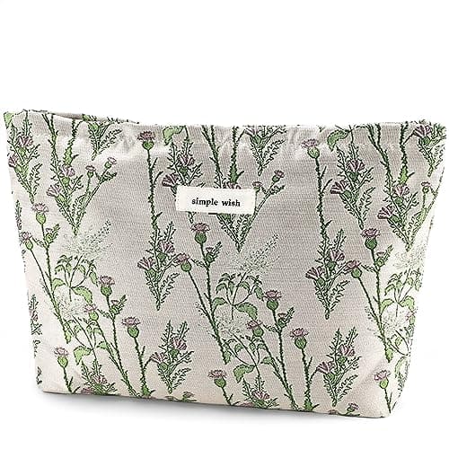 URSKYTOUS Flower Makeup Bag Travel Large Cosmetic Bag for Women Cute Leaf Makeup Pouch Zipper Cosmetic Pouch for Purse Aesthetic Green Floral Makeup Organizer Bag Portable Toiletry Bag