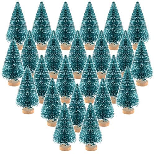 KUUQA 24Pcs Mini Sisal Trees Bottle Brush Trees Mini Christmas Trees Pine Trees with Wood Base Winter Snow Ornaments Tabletop Trees for Christmas Decorations Diorama Models, Small Size Trees