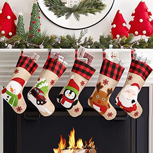 GoldFlower Christmas Stockings 5 Pack, 18'' Large Christmas Stockings with Santa Snowman Gnomes Pattern,Classic Buffalo Plaid Cuff,Xmas Ornaments for Family Stairs Fireplace Tree Hanging 5