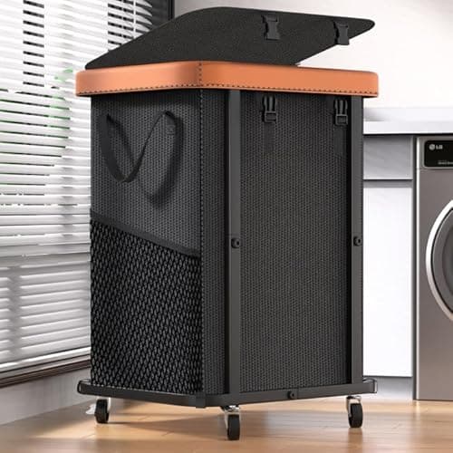 150L (40 Gal) Large Fashion Laundry Basket with Wheels, Leather Patchwork Rolling Hamper Carts, Sturdy Metal Frame, Removable Washable Bag, Tall Clothes Sorter for Bedroom, Laundry Room - Black