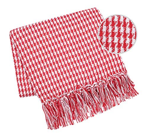 Elvana Home Cotton Throw Blanket for Couch, Sofa, Chair, Bed, Outdoor, 50x60 Inches, Farmhouse Vintage Houndstooth with Fringes, Red