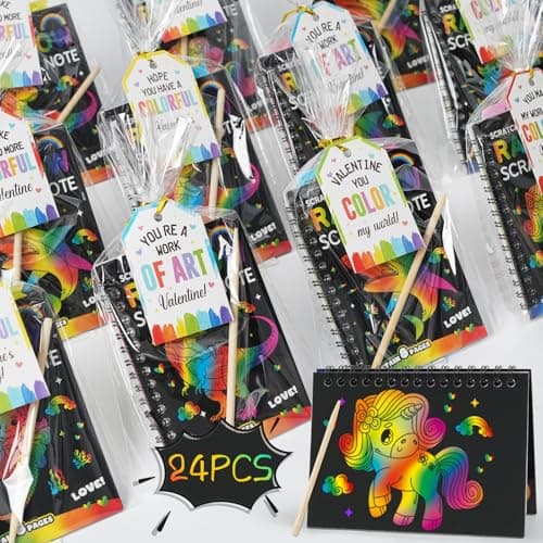 Zesua Valentines Day Gifts for Kids - 24 Pack Rainbow Scratch Art Notebook with Cards Set - Valentines Day Card for Classroom Exchange, School Party Favors for Toddler Boys Girls, Return Gifts
