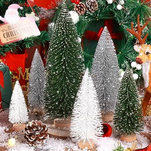 6pcs Mini Christmas Trees Decorations Small Bottle Brush Trees, Artificial Tabletop Christmas Tree for Indoor Outdoor Home Room Party (Green, Silver, White)