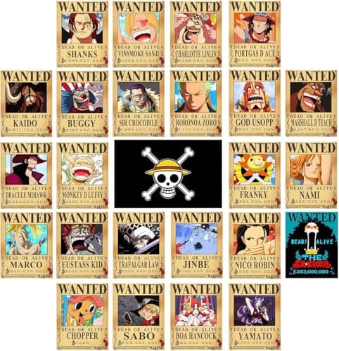 FIDRTH 25PCS Anime [OP] Wanted Posters 30×21cm, New Bounty Edition, Straw Hat Pirates Crew Nika Luffy 3 Billion, Zoro, Sanji, [OP] Anime Gifts(Retro)