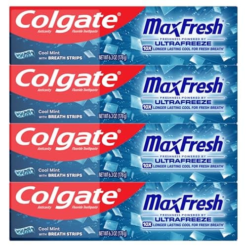 Colgate MaxFresh Cool Mint Toothpaste Pack, Fresh Breath Toothpaste with Fluoride and Hundreds of Mini Breath Strips, Leaves Mouth Feeling Refreshed for Hours, 4 Pack, 6.3 oz