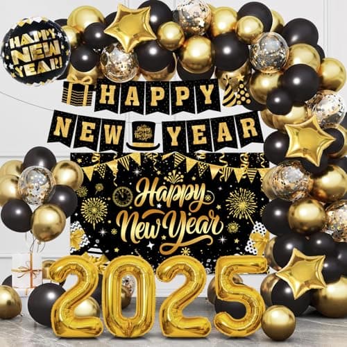 New Years Decorations 2025 Kit, Black and Gold Happy New Year Party Decor, New Years Eve Party Supplies with Balloon Arch Kit, 2025 Balloons Gold, Happy New Year Banner and New Years Backdrop