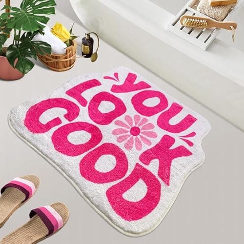 SHIYUE You Look Good Bath Mat Pink Cute Funny Flower Bathroom Rug, Soft Absorbent Water Non Slip Rug, Superior Washable Microfiber Cool Shower Preppy Decor Rug (21"x25")