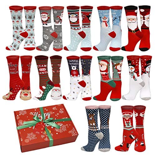 Gilbins 12 Pair, Holiday Gift Christmas Socks, 12 Different Designs, Cheerful Messages For The Holidays, Women Adults Size 9-11