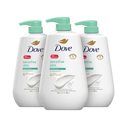 Dove Body Wash 3 Count with Pump Sensitive Skin Hypoallergenic, Paraben-Free, Sulfate-Free, Cruelty-Free, Moisturizing Skin Cleanser Effectively Washes Away Bacteria While Nourishing Skin 30.6 oz