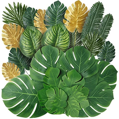 Sggvecsy 82 Pieces 8 Kinds Artificial Tropical Palm Leaves Tropical Leaves Monstera Leaves Safari Jungle Leaf with Stems for Hawaiian Luau Party Beach Table Wedding Shower Birthday Theme Decorations