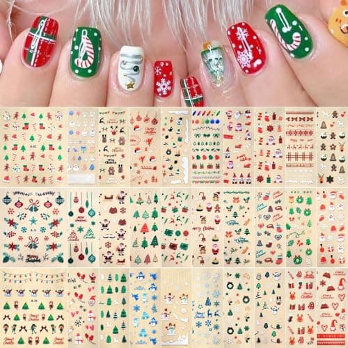 30 Sheets Christmas Nail Art Stickers 3D Self- Adhesive Pegatinas Uñas Snowman Snowflake Nail Decals White Red Christmas Nail Supplies for Women and Girls