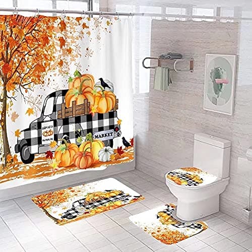 Yizheer Fall Thanksgiving Day 4Pcs Autumn Maple Pumpkin Shower Curtain Sets with Non-Slip Rugs, Toilet Lid Cover and Bath Mat, Haunted House Waterproof Shower Curtains Bathroom Decor Set Fall Decor