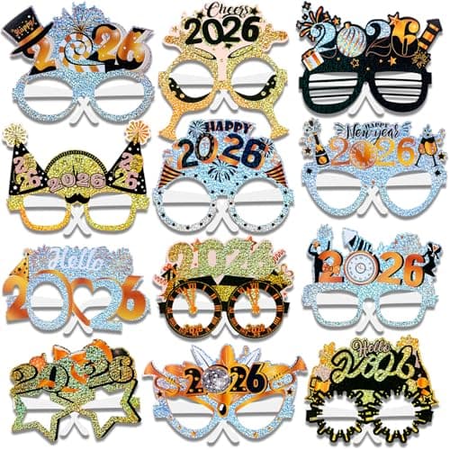 HOWAF 24 Pack 2026 New Years Glasses Gold Black Silver Glitter 2026 Glasses New Years Eve Party Supplies Photo Props for Happy New Year Decorations NYE Party Favors Accessories