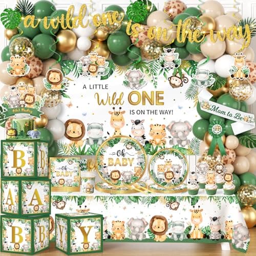 Safari Baby Shower Decorations,262pcs Wild Birthday Decorations Jungle Baby Shower Decorations Plates and Napkin Cups Backdrop Banner Tablecloth Balloons Garland Boxes,Serves 20