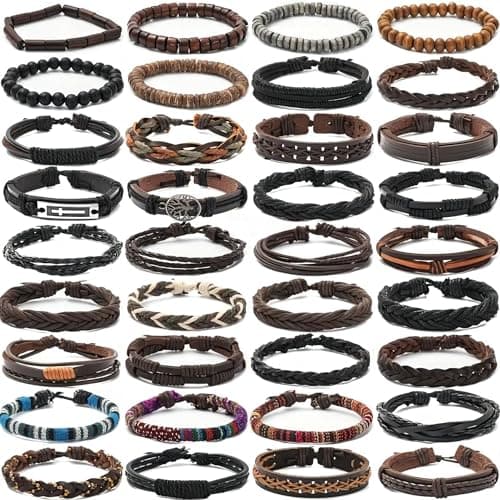 SROBENZ 36Pcs Braided Leather Bracelets for Men Women Wrap Wood Beads Cuff Bracelet Hemp Cords Ethnic Tribal Handmade Wrap Wristband Bracelets Set Adjustable(36Pcs)