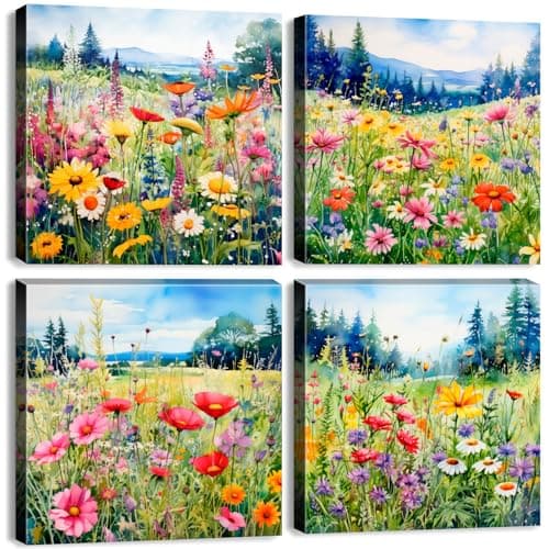 Colorful Wildflower Wall Art Flower Pictures for Living Room Decor Watercolor Daisy Poppy Floral Paintings Nature Botanical Landscape Canvas Prints Artwork Bedroom Bathroom Home Decoration 12x12 4Pcs