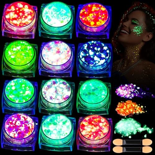 Teenitor 12 Colors Glow in The Dark Glitter Gel, Body Glitter Gel Face Glitter Gel Hair Glitter Gel, UV Black Light Glitter, Chunky Glitter Makeup for Raves Festivals