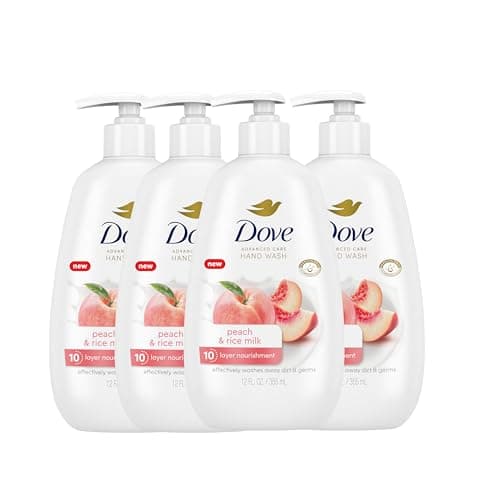 Dove Advanced Care Hand Wash Peach & Rice Milk 4 Count for Washing Away Dirt & Germs While Nourishing Skin 10 Layers Deep, with Moisture Boost 5X Complex