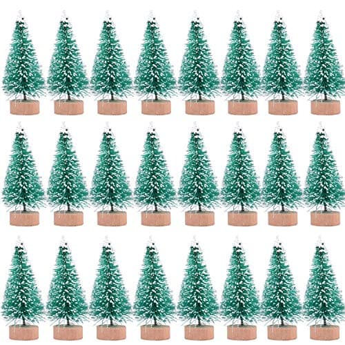 24 Pieces Artificial Mini Christmas Sisal Snow Frost Trees with Wood Base Bottle Brush Trees Plastic Winter Snow Ornaments Tabletop Trees for Christmas Party Home Decoration (Green)
