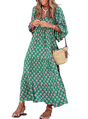 miduo Womens Dresses Fashion Summer V Neck Half Sleeve Bohemian Floral Pattern Maxi Long Dresses Boho Flowy Dresses Green S