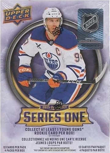 2025 2026 Upper Deck Series One Hockey Unopened Blaster Box of Packs with a Young Guns Rookie Card, an OPC Glossy Card, an Encore Insert and Green Dazzler Card Plus